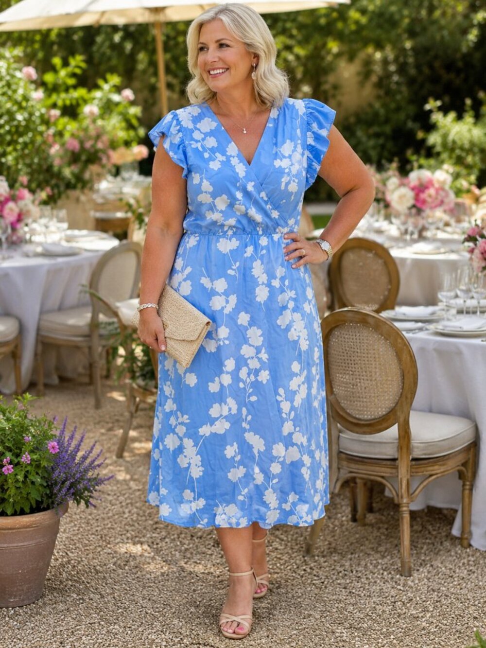 ANN TAYLOR Ruffle Short Slve Surplice Wrap Dress Light Blue w/White Florals 16